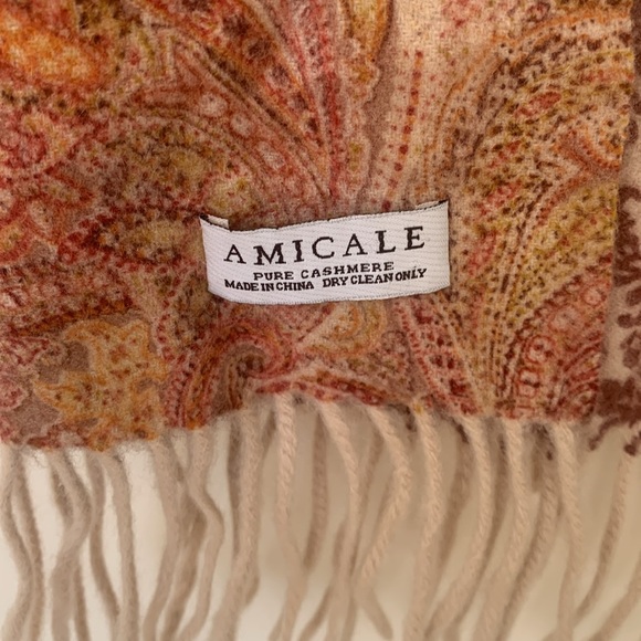 AMICALE PURE CASHMERE BURGUNDY TAN YELLOW ORANGE FRINGE TWO SIDED SCARF 62” - Picture 2 of 10